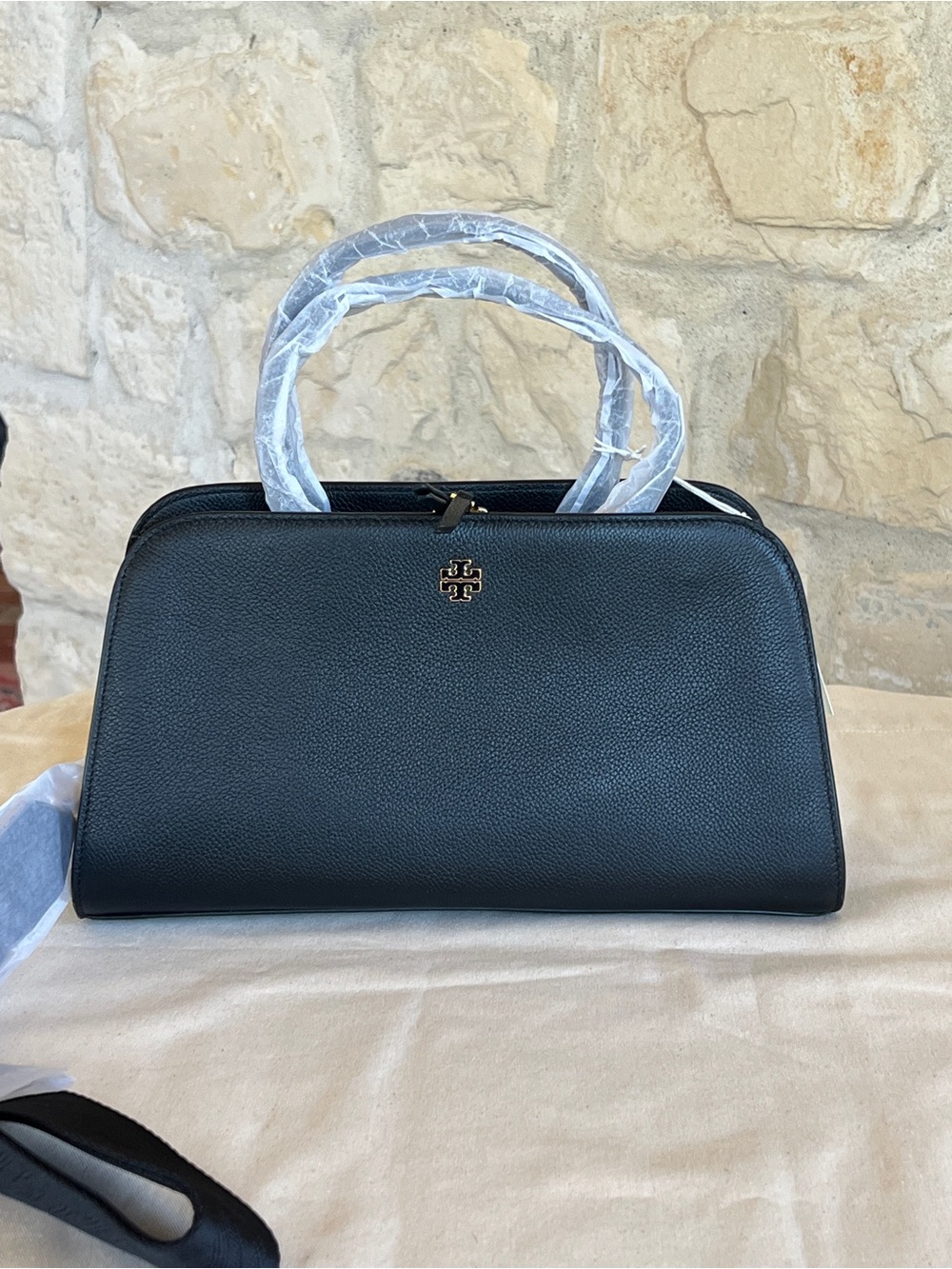 Tory Burch Black Pebble Leather Shoulder Bag with Gold Logo